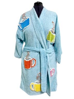 Vintage 90s Canyon Group by Damze Aqua Blue ‘Coffee Talk’ Bath Robe, Size M/L